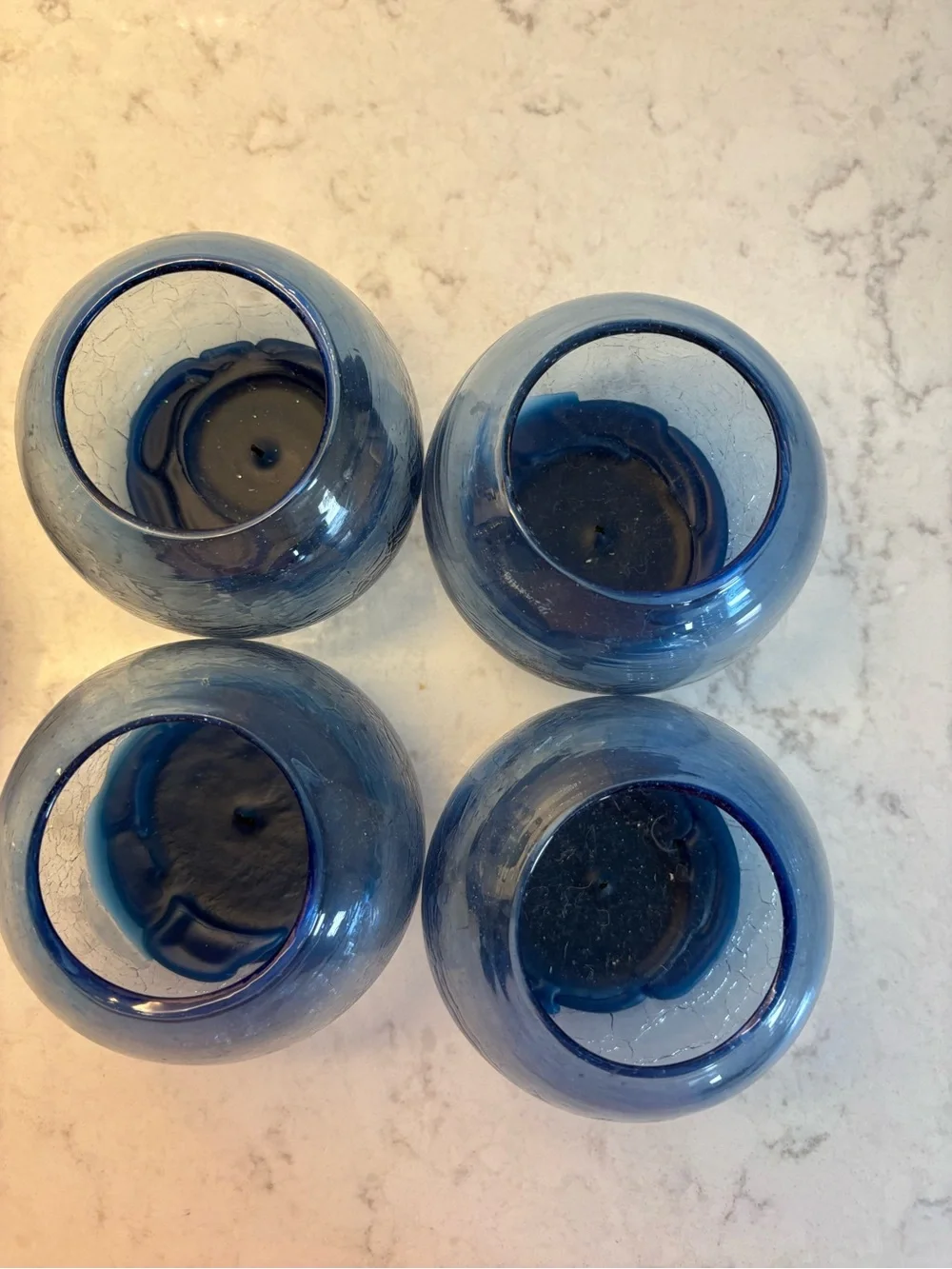 Set of 4 Blue Crackle Glass Votive Holders